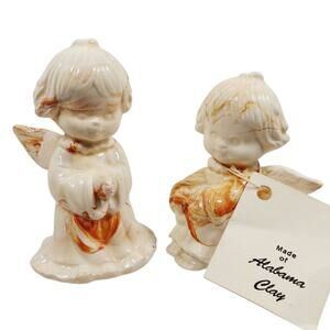 Alabama Clay Pottery 4” Pair Of Praying Angels Figurine Orange Swirls Statue